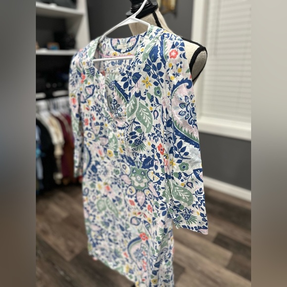 Boden 100% Linen Dress Womens 4R Blue/White/Green Floral A-Line Cottagecore - Picture 2 of 6